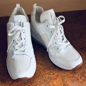 MICHAEL Michael Kors White Leather & Mesh Lace-Up Sneakers with Brown Gum Sole